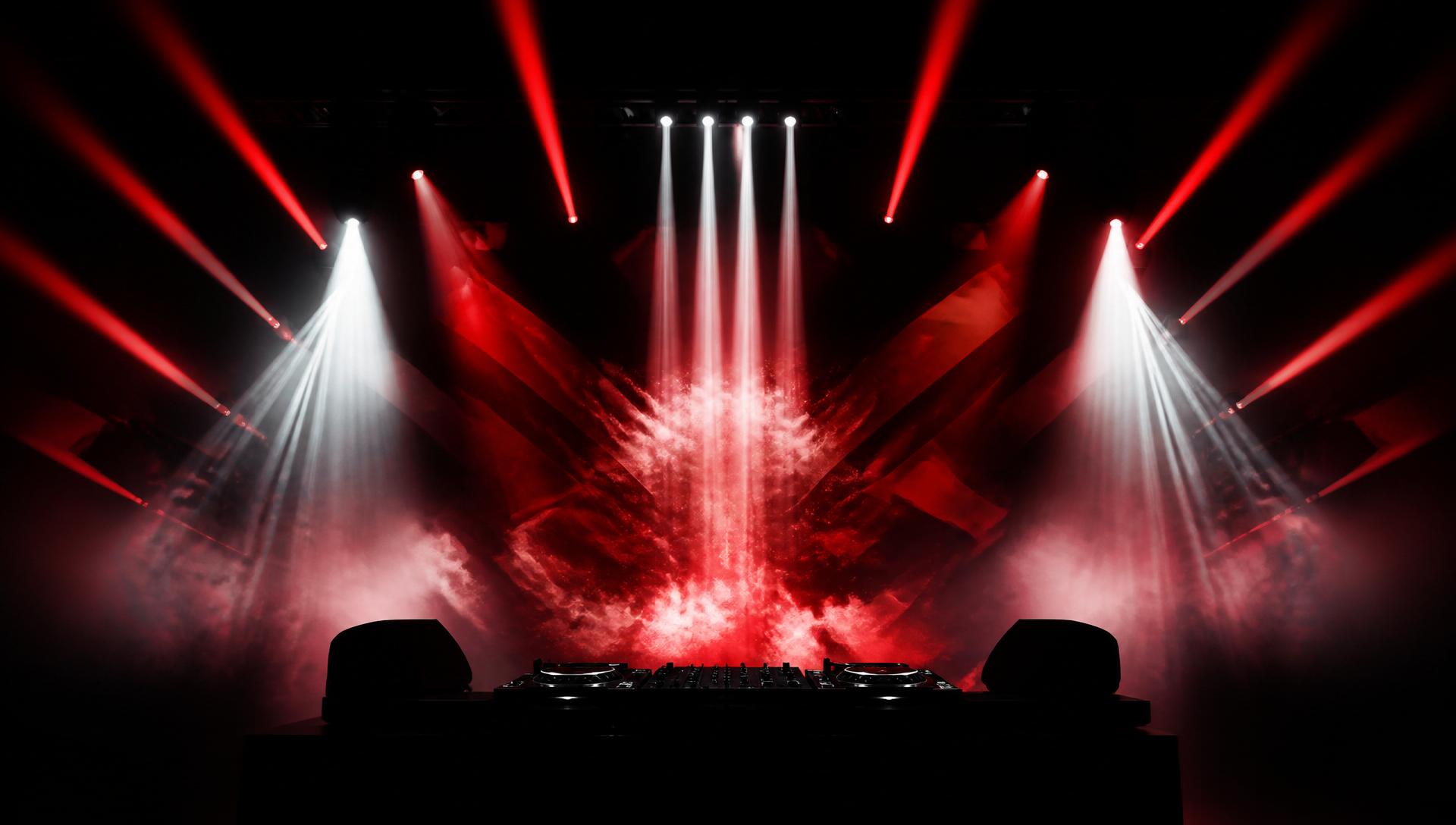 DJ stage with red and white stage lights